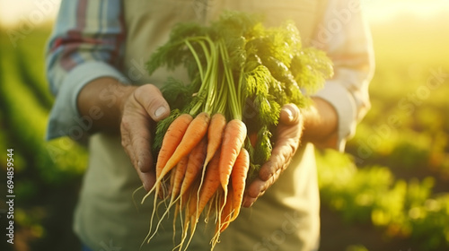Closeup of senior man human hands taking putting fresh carrots with green leaves. Generative AI photo