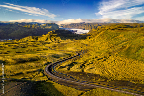 Aerial photo of road to Sólheimajökull glacier with soft light