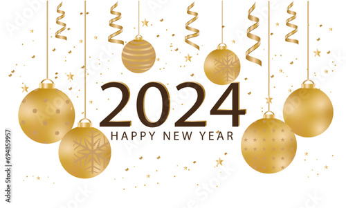 Happy New Year 2024. Christmas decoration and confetti on white background. Holiday greeting card design