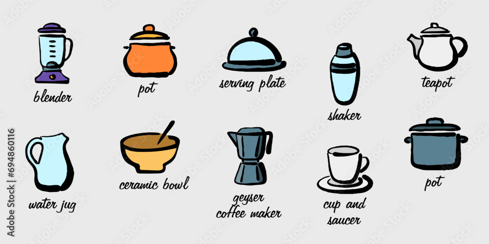 Hand-drawn kitchen utensils. Kitchen utensils icons. Educational poster with the names of kitchen utensils Hand-drawn kitchen utensils. Kitchen utensils icons. Educational poster with the names of kitchen utensils
