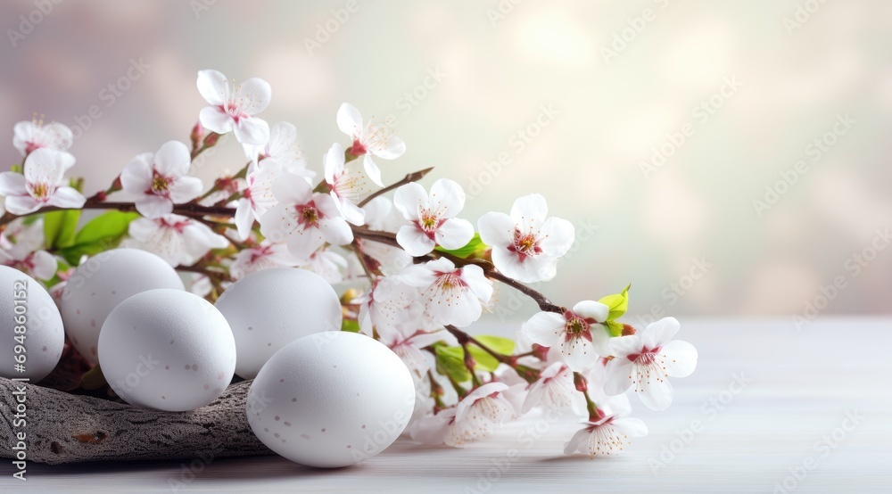 Easter eggs with cherry blossom branch on table. Happy Easter. Easter eggs with cherry blossom branch on table. Happy Easter.