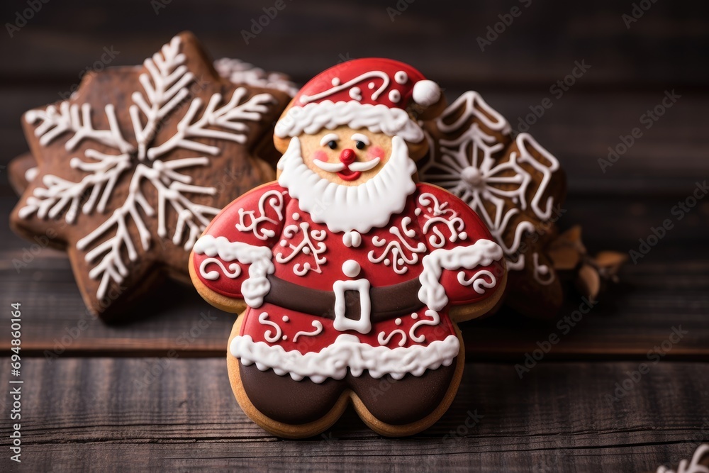 Christmas gingerbread cookies in the shape of Santa Claus on a wooden background.