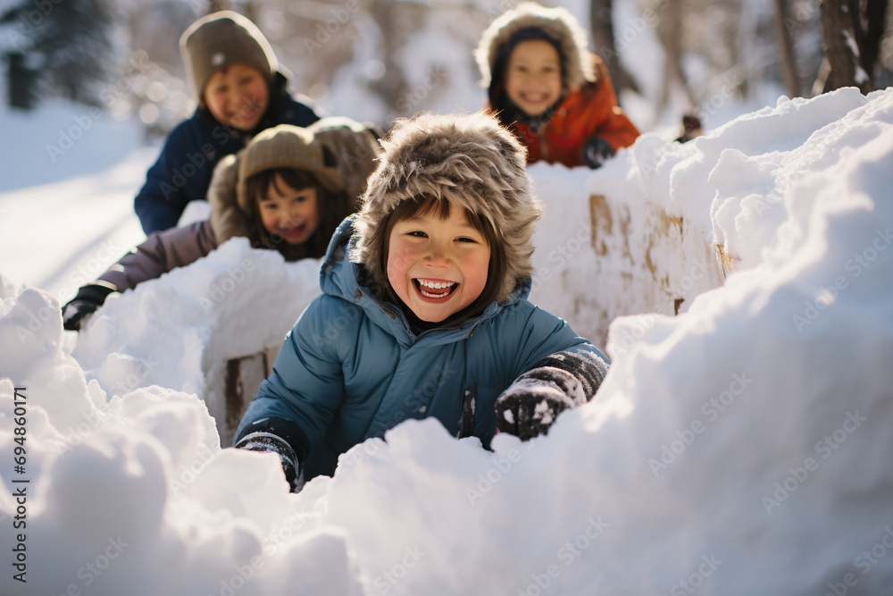 Cheerful kid is playing snowballs with other children during winter day