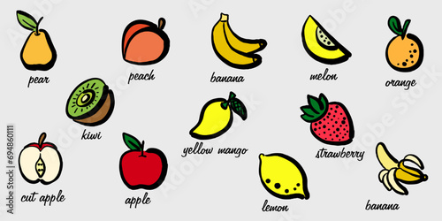 Hand-drawn retro fruits and berries. Farm eco products. Culinary banner. Educational poster with the names of fruits and berries