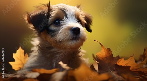Little cute dog puppy is sitting in the autumn forest. © kardaska