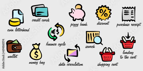 Hand-drawn financial icons. Freehand symbols of money and economic. Educational poster with the names