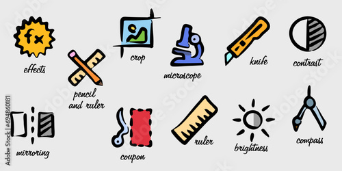 Hand-drawn tool icons. Freehand symbols of tools. Educational poster with the names