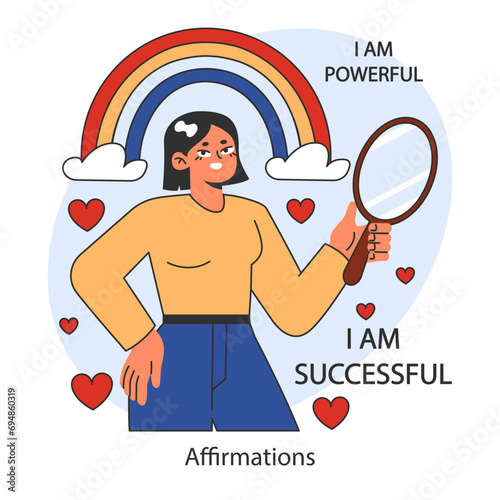Overcoming fears strategy. A character reflects strength and success through positive affirmations and self-acceptance. Empowerment through self-perception. Flat vector illustration.