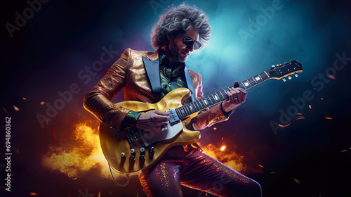 Solo play of rock guitarist with glittering jacket. Postproducted generative AI illustration. photo