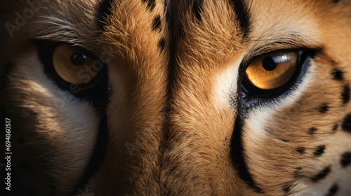Hyperrealistic close-up photograph of the focused eyes of a graceful cheetah