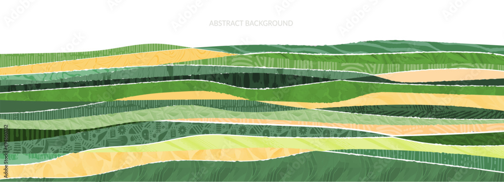 Abstract farm field collage background. Agro land backdrop, farmland landscape vector illustration with texture. Oriental decorative banner, eco design, green rural panorama, ecology art header - obrazy, fototapety, plakaty 