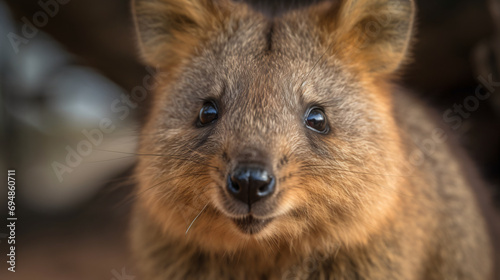Hyperrealistic close-up shot capturing the intricate eyes of a curious quokka