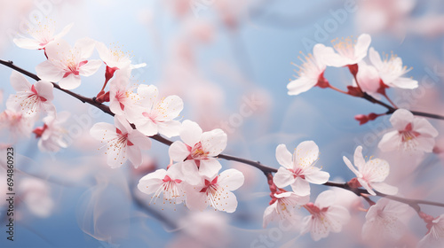 Spring's Blooming Cherry Blossoms Branch in an Isolated Sky Background. photo