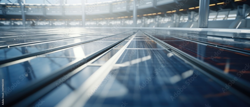 Obraz premium Solar panels installed at modern industrial facility. Renewable energy and sustainability.