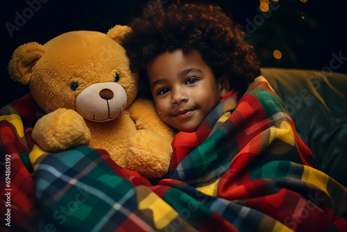 AI generated portrait of cute sweet child wrapped in warm colorful blanket at home