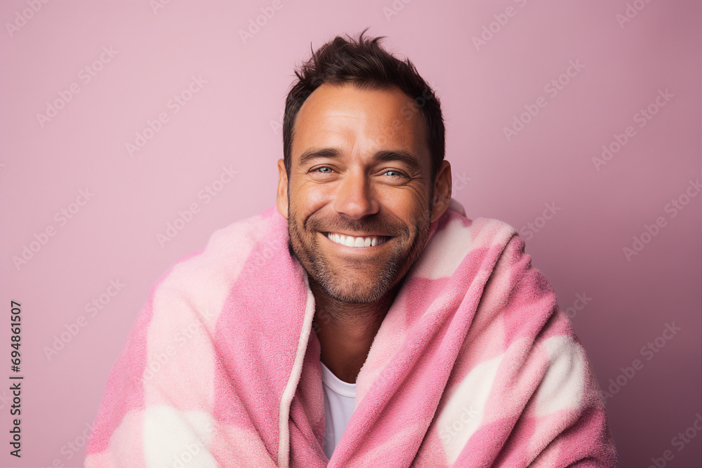 Generative ai photo of handsome positive man wrapped in warm blanket isolated on pink color background - obrazy, fototapety, plakaty 