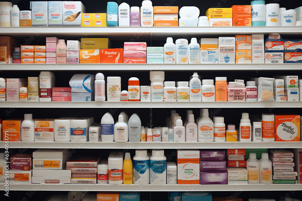 Image of of various pharmaceutical bottles on pharmacy shelves generative AI