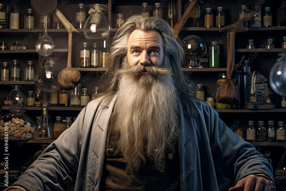 AI generated surreal portrait of mysterious handsome man working in an apothecary AI generated surreal portrait of mysterious handsome man working in an apothecary