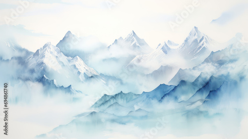 watercolor blue and white misty landscape with snowy mountains background photo