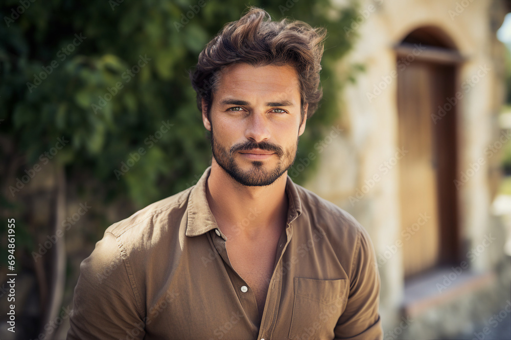 Obraz premium Brutal stylish adult male model on city street on autumn day lifestyle generative ai