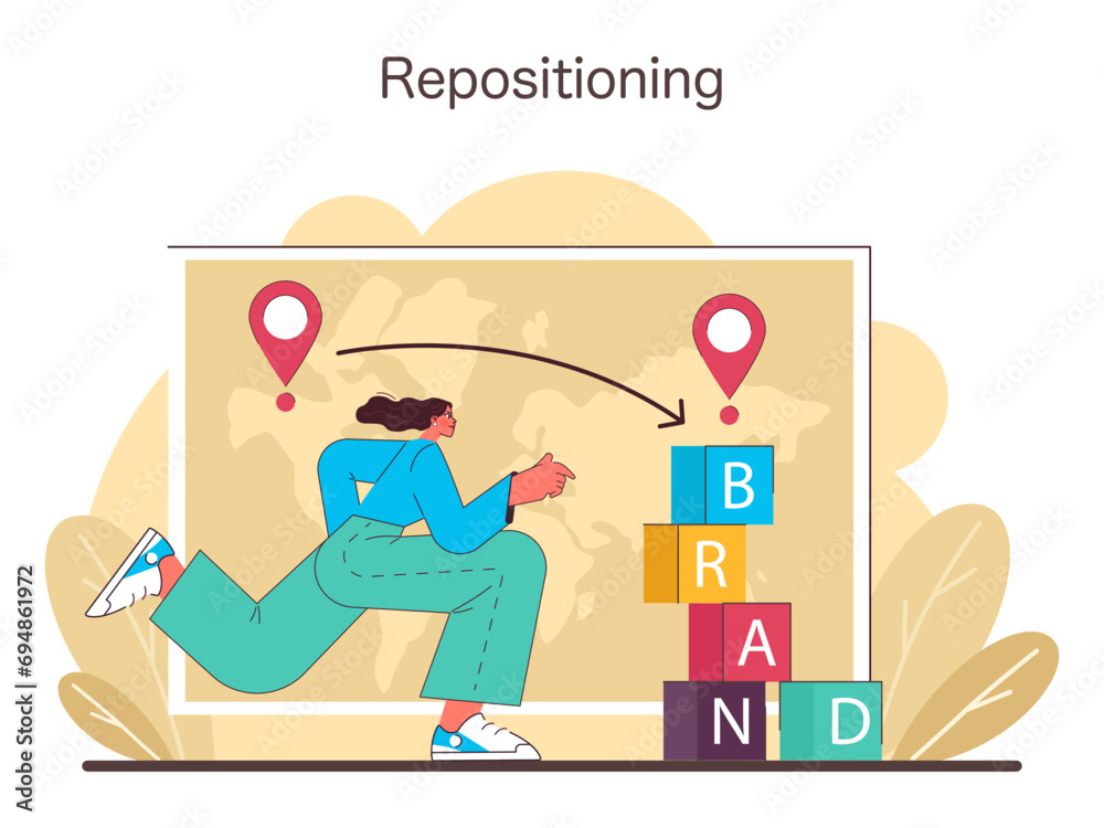 Repositioning concept. Strategic shift in brand positioning illustrated by a professional adjusting marketing blocks, aiming for brand evolution and growth. Flat vector illustration