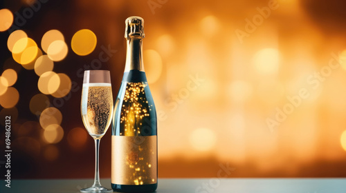 Bottle of champagne with golden confetti on bokeh background