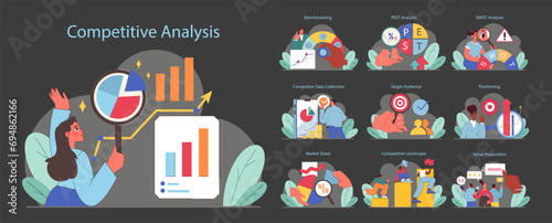Competitive Analysis concept. Business strategy evaluation with charts and data. Market positioning, audience targeting, and value proposition. Flat vector illustration