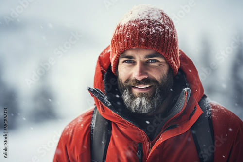 Portrait of cheerful man climber with backpack standing on high snowy mountains on winter day generative AI