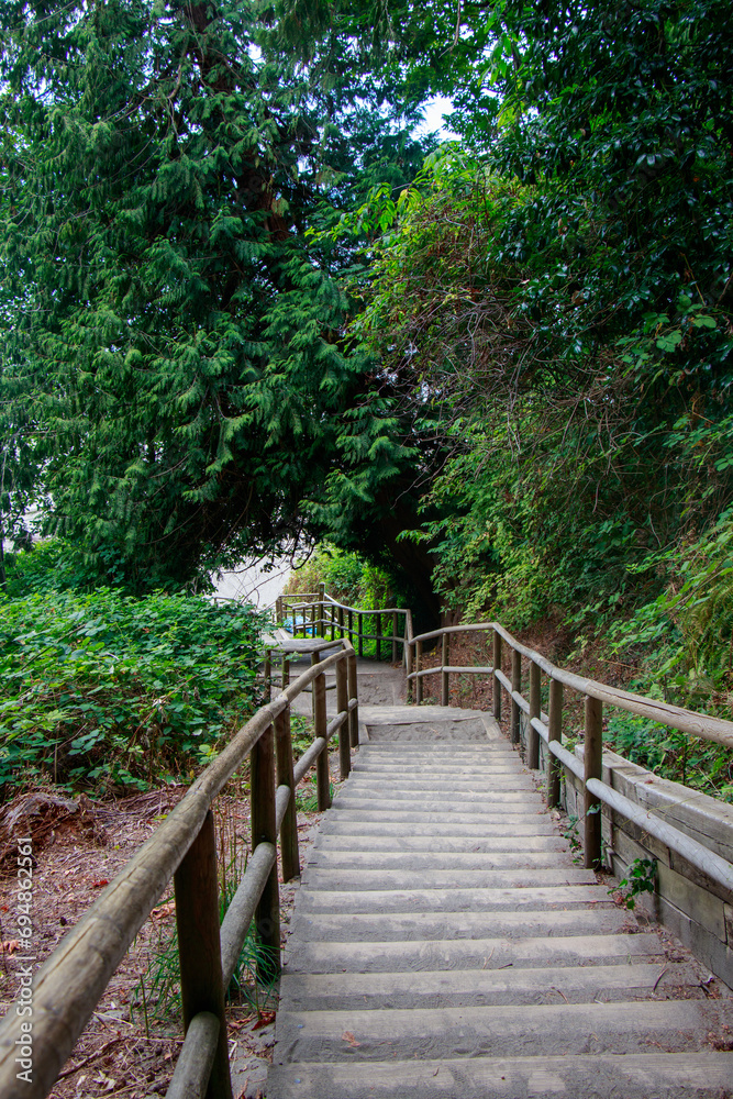 View of stairs leading to Wreck Beach in Vancouver.