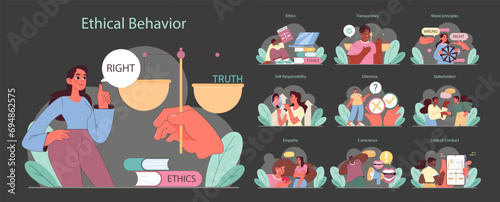 Ethical Behavior set. Balancing truth and rightness, exploring transparency in decisions. Engaging empathy, responsibility, and moral judgments. Flat vector illustration. photo