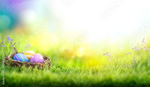 Three painted easter eggs in a birds nest celebrating a Happy Easter on a spring day with a green grass meadow and blurred grass foreground and bright sunlight background with copy space. photo