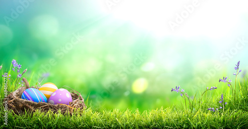 Obraz na płótnie Three painted easter eggs in a birds nest celebrating a Happy Easter on a spring day with a green grass meadow, bright sunlight background with copy space. w salonie