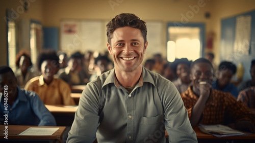 Classroom Joy: Male Teacher and Smiling Children in the Education Process