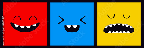 Happy Halloween. Three square monsters. Cute monster face head set line banner. Spooky Smiling Boo screaming sad face emotion. Eyes, tongue, teeth, mouse. Flat design. Black background.
