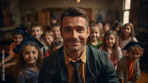 Classroom Joy: Male Teacher and Smiling Children in the Education Process