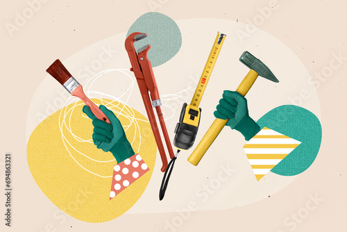 Advert collage image picture of building tools instruments for home house decoration advertise repair store