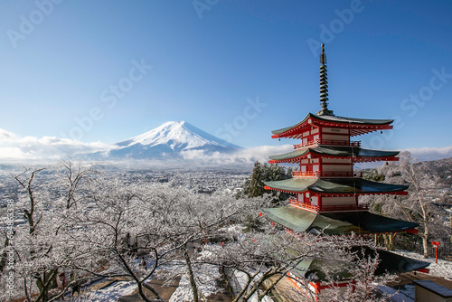 Japan beautiful landscape Mountain Fuji and Chureito red pagoda in winter
