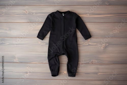 Blank black baby zip-up sleepsuit mock up. Empty new born fabric sleepwear mock up, top view photo