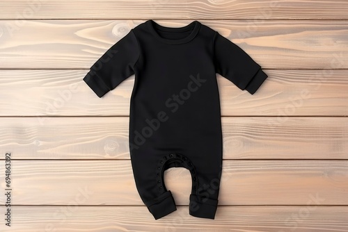 Blank black baby sleepsuit mock up. Empty new born fabric sleepwear mock up, top view photo