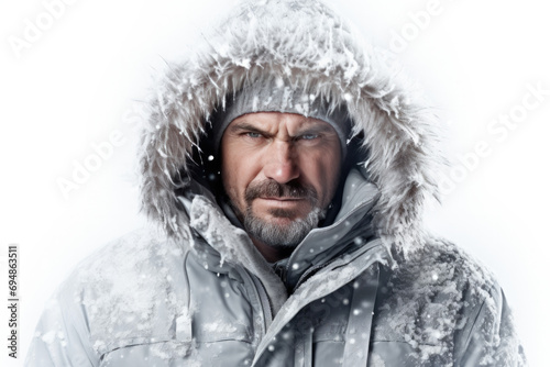 Baker In A Fleecelined Bomber Jacket Is Freezing Icicles Snow On White Background