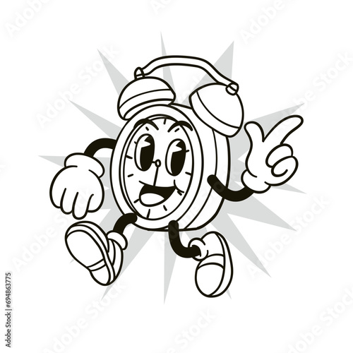 alarm clock illustration in black and white retro cartoon style