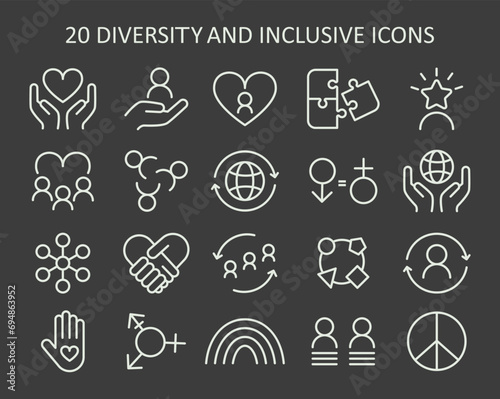 Inclusive society set. A collection of icons representing unity, equality, and support. Celebrating diversity, gender neutrality, and global solidarity. Flat vector illustration.