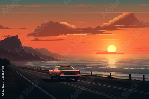 A white car drives off into the sunset along the road to the ocean coast.