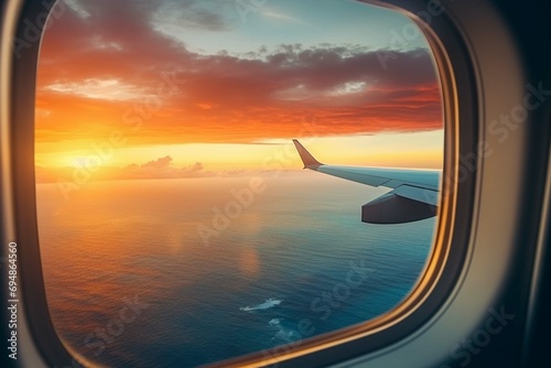 Airplane wing flying plane jet over tropical islands in ocean, view from window at sunset in summer 