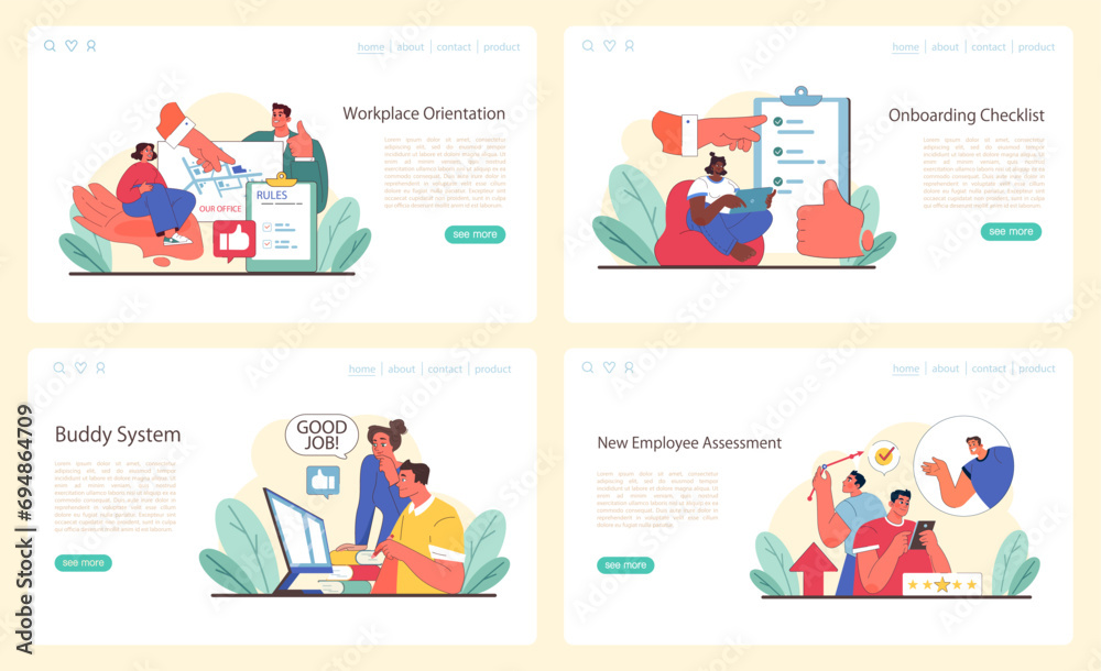 Onboarding web or landing set. Comprehensive orientation, detailed checklists, effective buddy systems, and thorough employee assessments. Nurturing professional growth. Flat vector illustration.