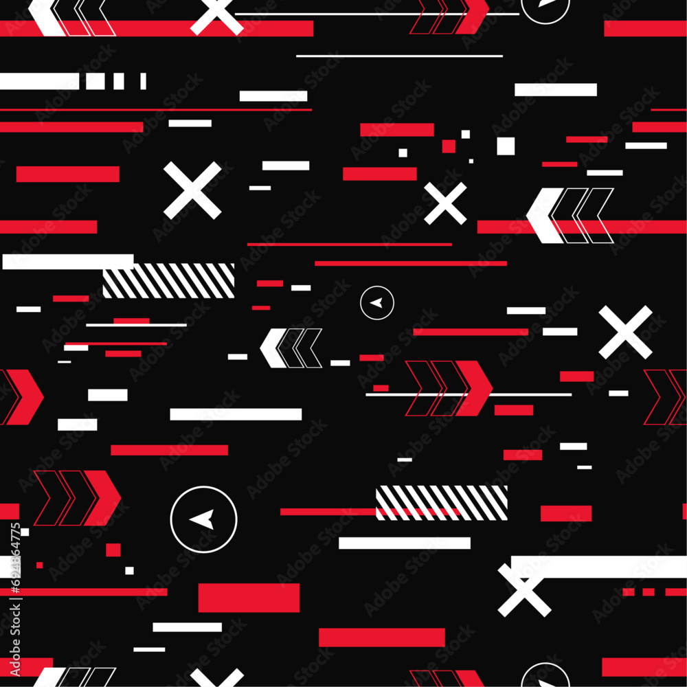 Patrón sin fisuras Cyberpunk, efecto Glitch, gráfico de Future. Material para prendas de vestir, prendas de vestir, textiles. Fondo para proyectos de impresión. Iconos, señales futuristas, fallos.