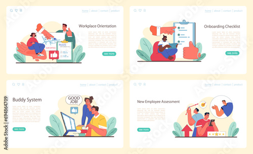Onboarding web or landing set. Comprehensive orientation  detailed checklists  effective buddy systems  and thorough employee assessments. Nurturing professional growth. Flat vector illustration.