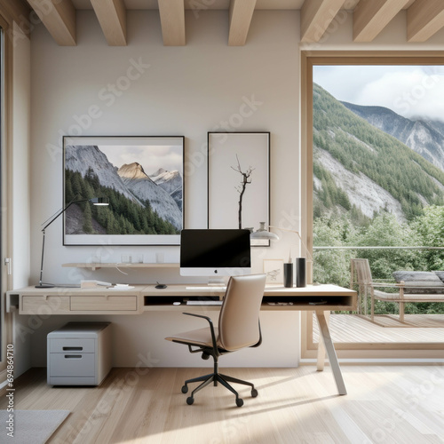 Elegant home office space featuring a stunning mountain view ergonomic chair  and minimalist decor for a tranquil work environment. ai generative