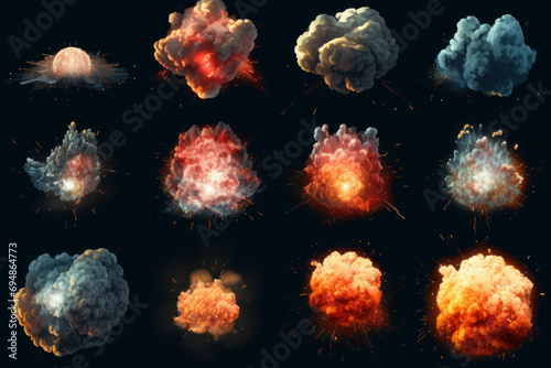 Impactful explosion elements isolated on black fire, smoke, burst for creative and powerful compositions. ai generative