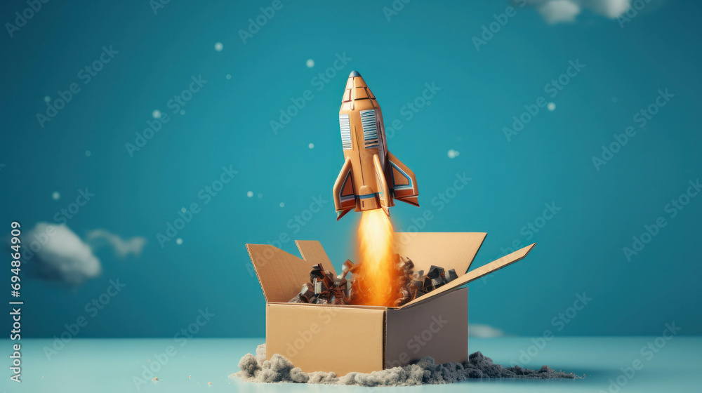 Illustration of a rocket launching from a cardboard box against a blue background, symbolizing innovation and progress. ai generative - obrazy, fototapety, plakaty 